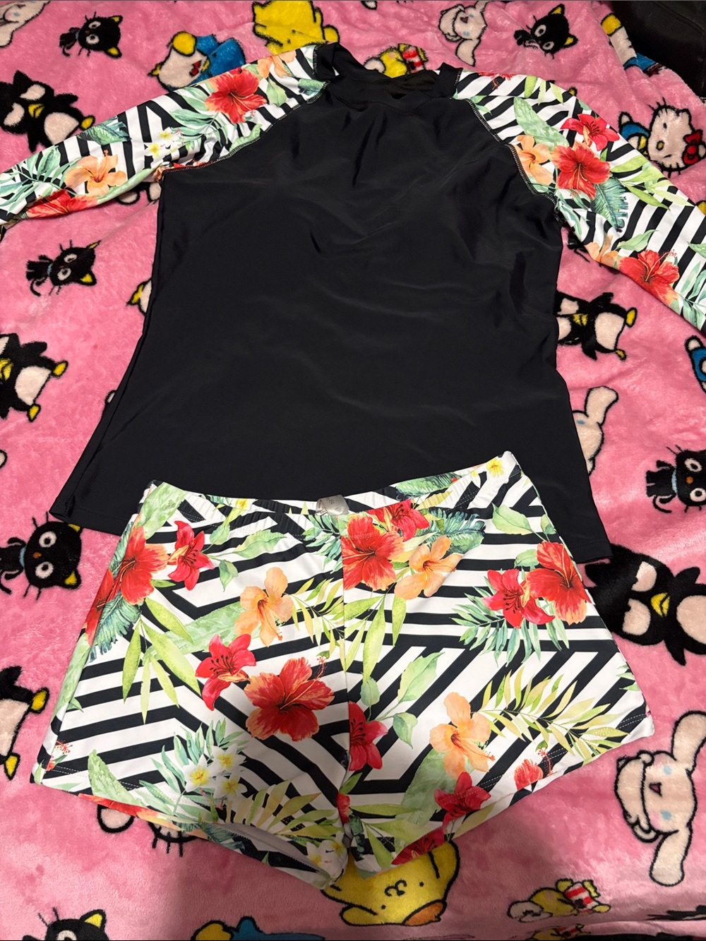 Amazon Women Swim Bikini Set - Black Top with Floral Striped Shorts